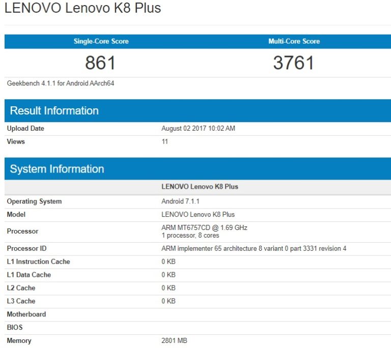 Lenovo K8 Plus 'Nongol' di GeekBench